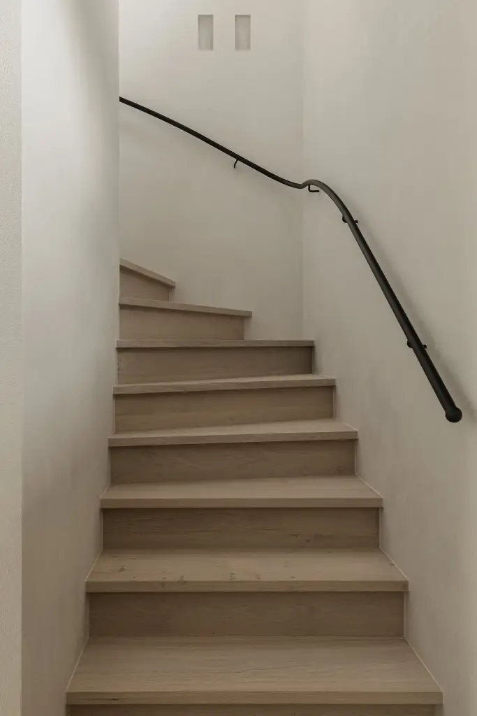 Trap met eikenhouten treden en gebogen zwarte trapleuning in microcement, where architecture creates space for experience, interieur Laura Calleeuw