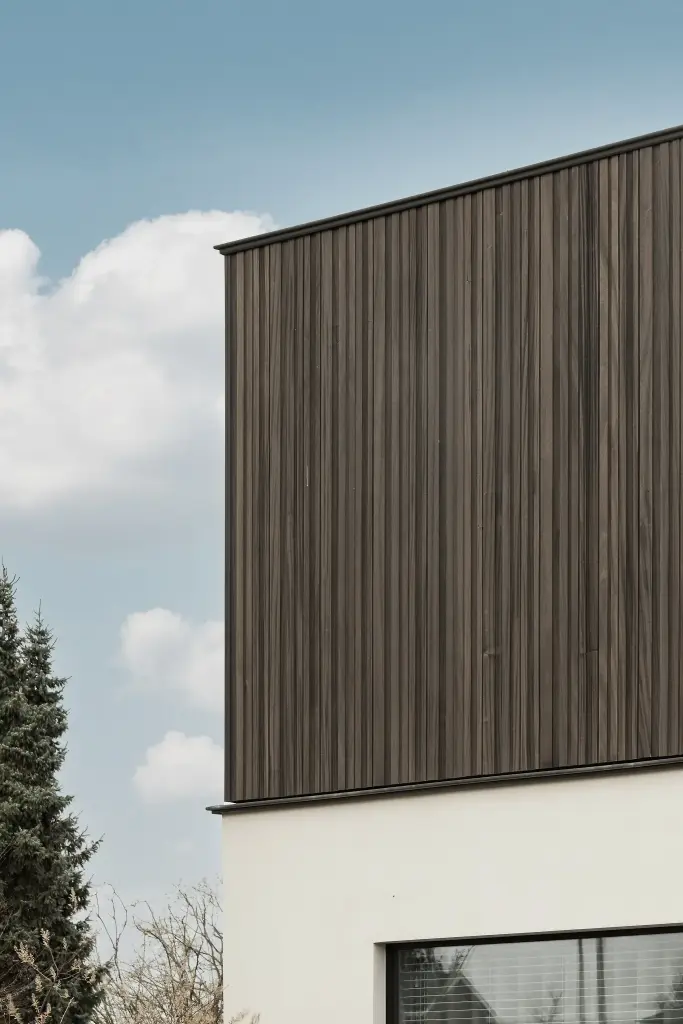 Detail van de gevel met verticale houten lamellen en een groot raam, Kijkwoning in Erpe-Mere, interieur Laura Calleeuw