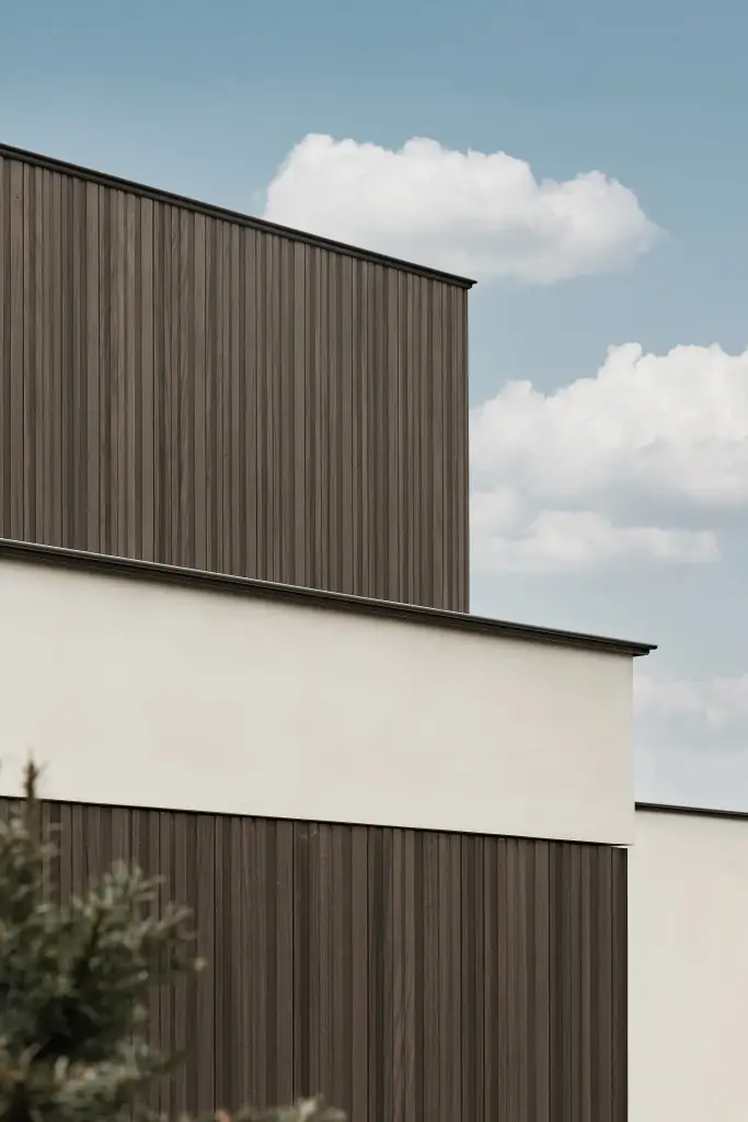 Detail van de gevel met verticale houten lamellen en een groot raam, Kijkwoning in Erpe-Mere, interieur Laura Calleeuw