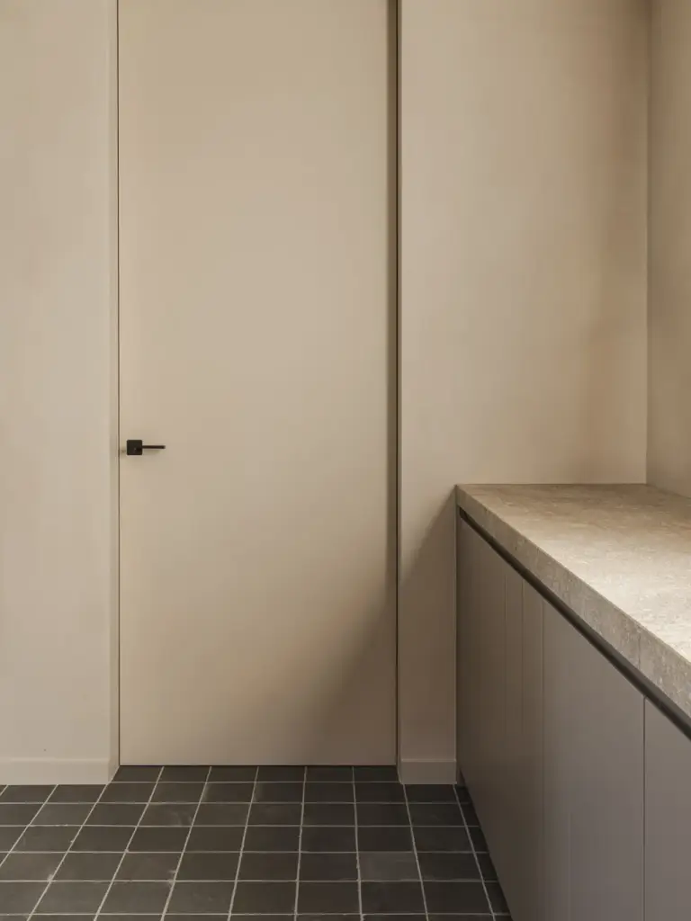 Natuurstenen blad en vlakke deur in kalkpleister op een tegelvloer, Landelijke woning in Torhout, interieur Laura Calleeuw