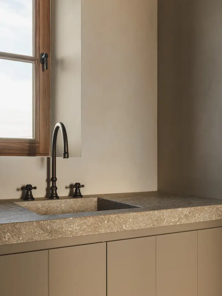 Wastafel in natuursteen met zwarte kraan onder een houten raam in de bijkeuken, Landelijke woning in Torhout, interieur Laura Calleeuw