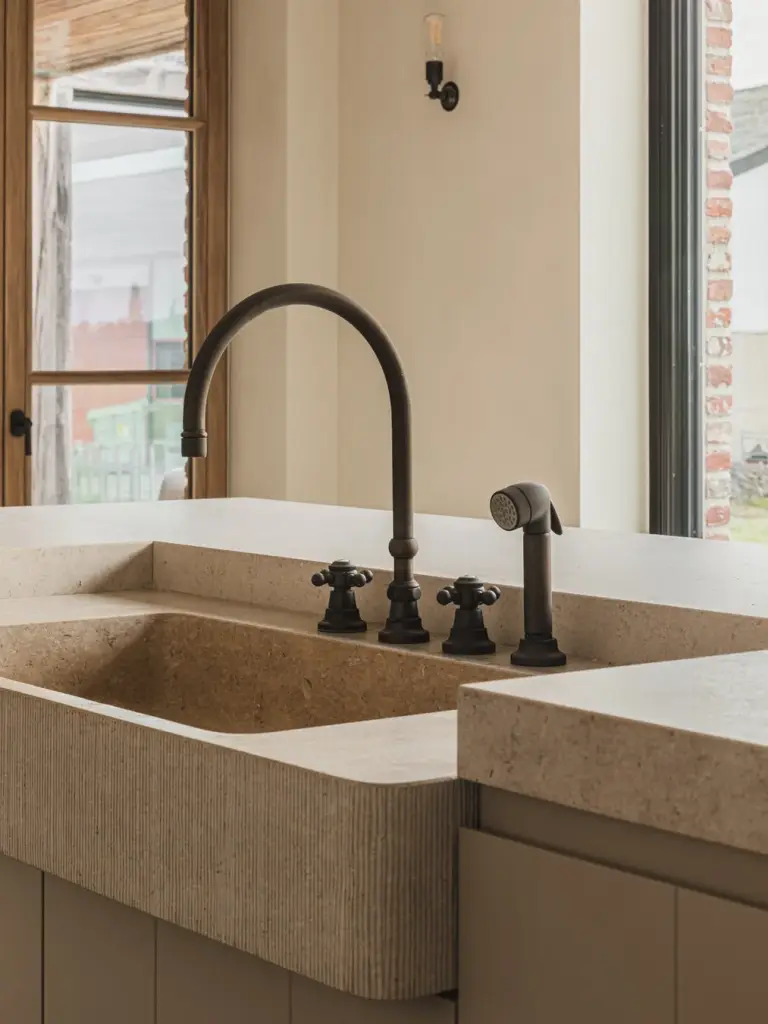 Zwarte keukenkraan en een gebeitelde natuurstenen spoelbak voor een hoog raam, Landelijke woning in Torhout, interieur Laura Calleeuw