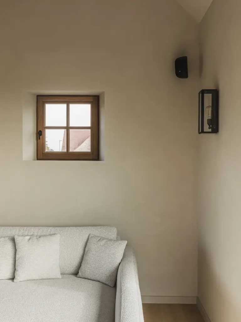 Kleine zitkamer met raampje, zwarte wandlamp en een sofa met kussens, Landelijke woning in Torhout, interieur Laura Calleeuw