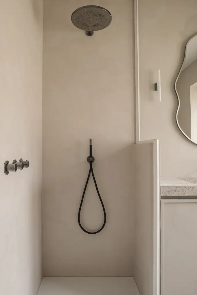 Douche met zwarte handdouche en regendouche tegen een warme pleisterwand, Herenhuis in Roeselare, interieur Laura Calleeuw