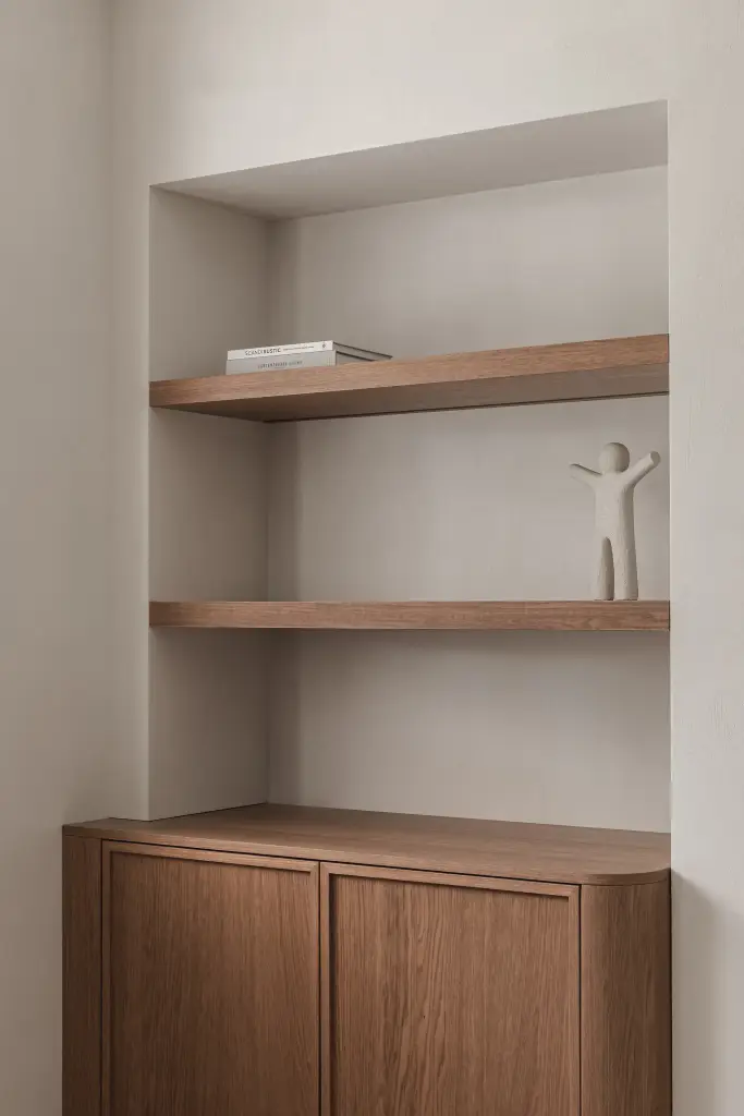 Nis met eikenhouten planken, sculpturen en een eiken onderkast, Herenhuis in Roeselare, interieur Laura Calleeuw