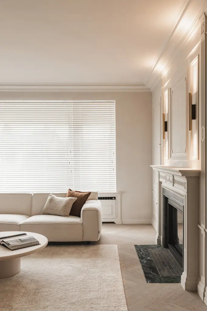 Woonkamer met sofa, ronde salontafel en open haard in groen marmer voor een raam met jaloezie, Herenhuis in Roeselare, interieur Laura Calleeuw