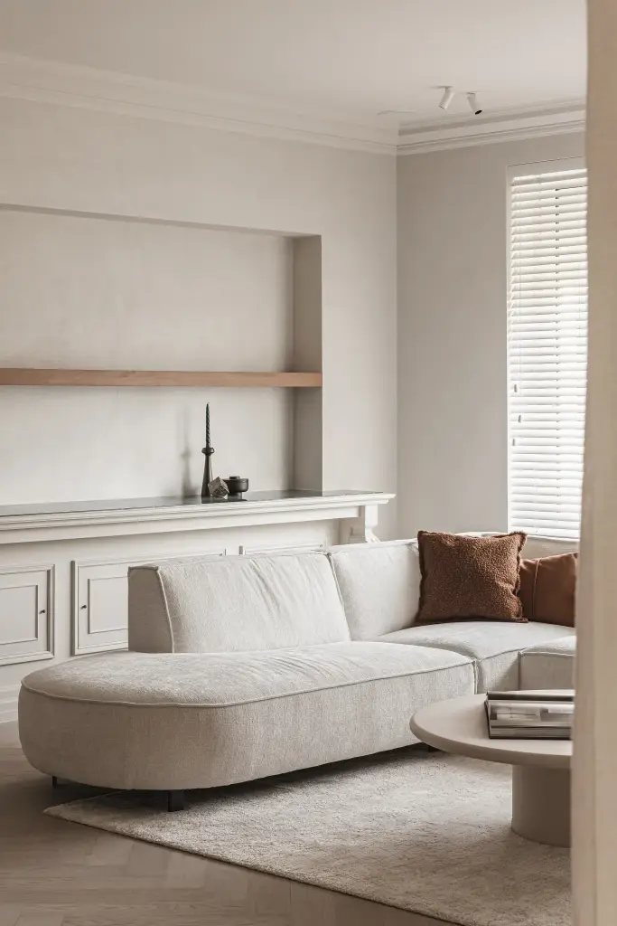 Zithoek met organische sofa en salontafel voor een nis met eikenhouten plank, Herenhuis in Roeselare, interieur Laura Calleeuw
