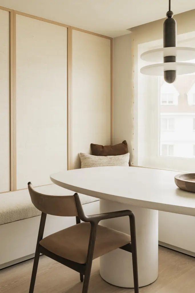 Eethoek met ovale tafel, leren stoelen, hanglamp en zitbank onder het raam, Compact appartement in Knokke, interieur Laura Calleeuw