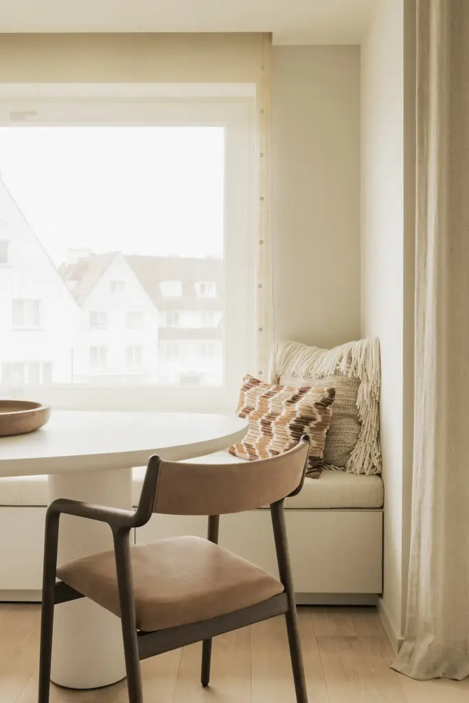 Eethoek met zitbank onder het raam en lange linnen gordijnen, Compact appartement in Knokke, interieur Laura Calleeuw