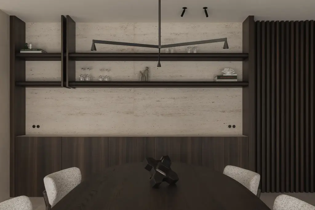 Eettafel voor een wandkast met travertijn rugwand, planken en lamellenpaneel, Nieuwbouwwoning in Roeselare, interieur Laura Calleeuw