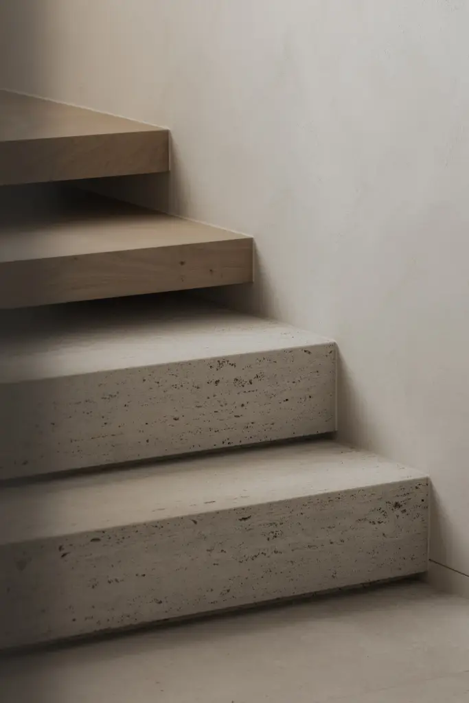 Zwevende eiken trap met travertijn trede naast een onzichtbare deur, Nieuwbouwwoning in Roeselare, interieur Laura Calleeuw