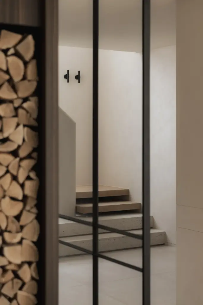 Haardhout in een nis naast een zwarte stalen glaswand, Nieuwbouwwoning in Roeselare, interieur Laura Calleeuw