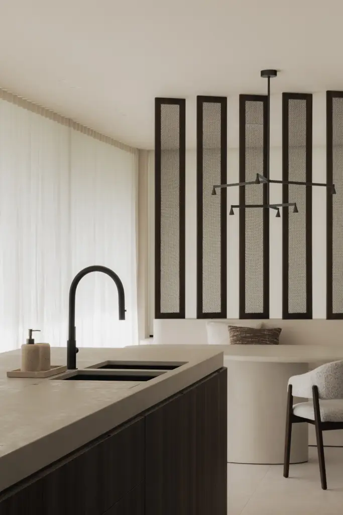 Keukenspoelbak met zwarte kraan en zitbank in de eethoek, Nieuwbouwwoning in Roeselare, interieur Laura Calleeuw