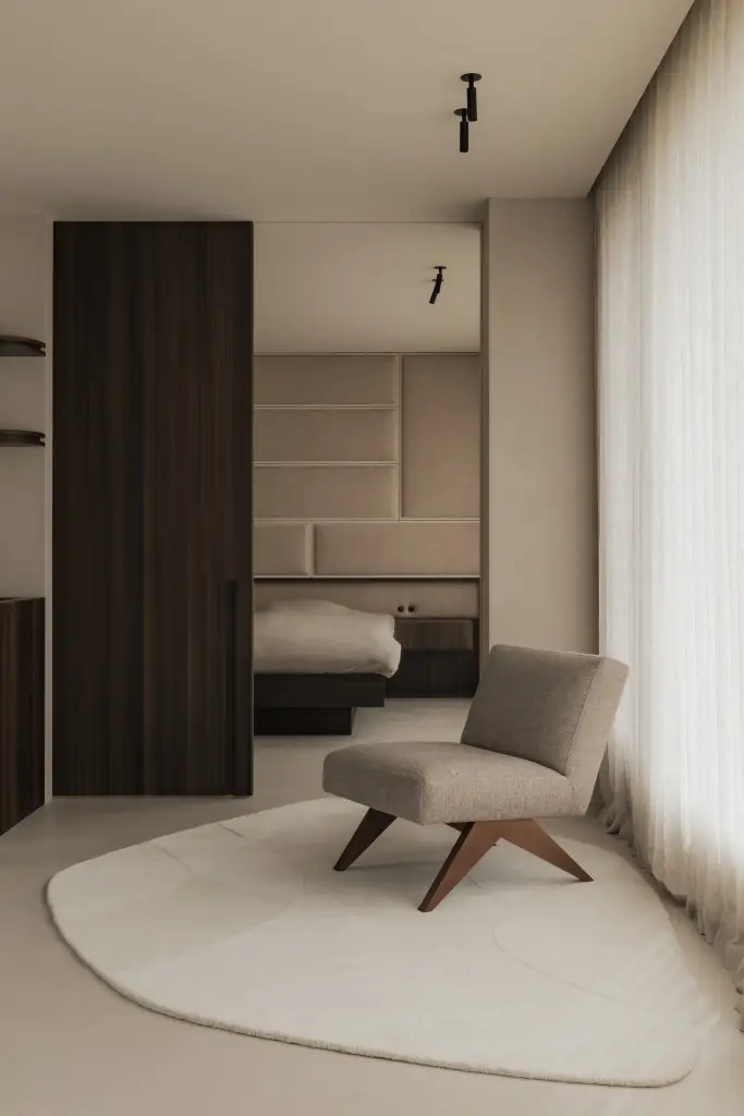 Slaapkamer met fauteuil op rond tapijt, kleerkast en gestoffeerd hoofdbord, Nieuwbouwwoning in Roeselare, interieur Laura Calleeuw