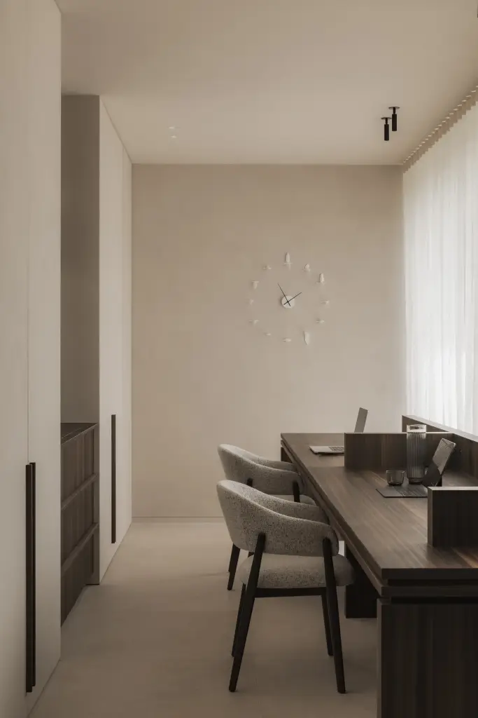 Werkhoek met bureau, stoel en hangende haard voor een linnen gordijn, Nieuwbouwwoning in Roeselare, interieur Laura Calleeuw