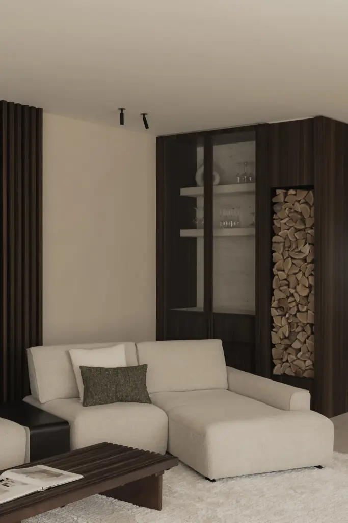 Woonkamer met hangende haard, hoekzetel en donkere lamellenwand, Nieuwbouwwoning in Roeselare, interieur Laura Calleeuw