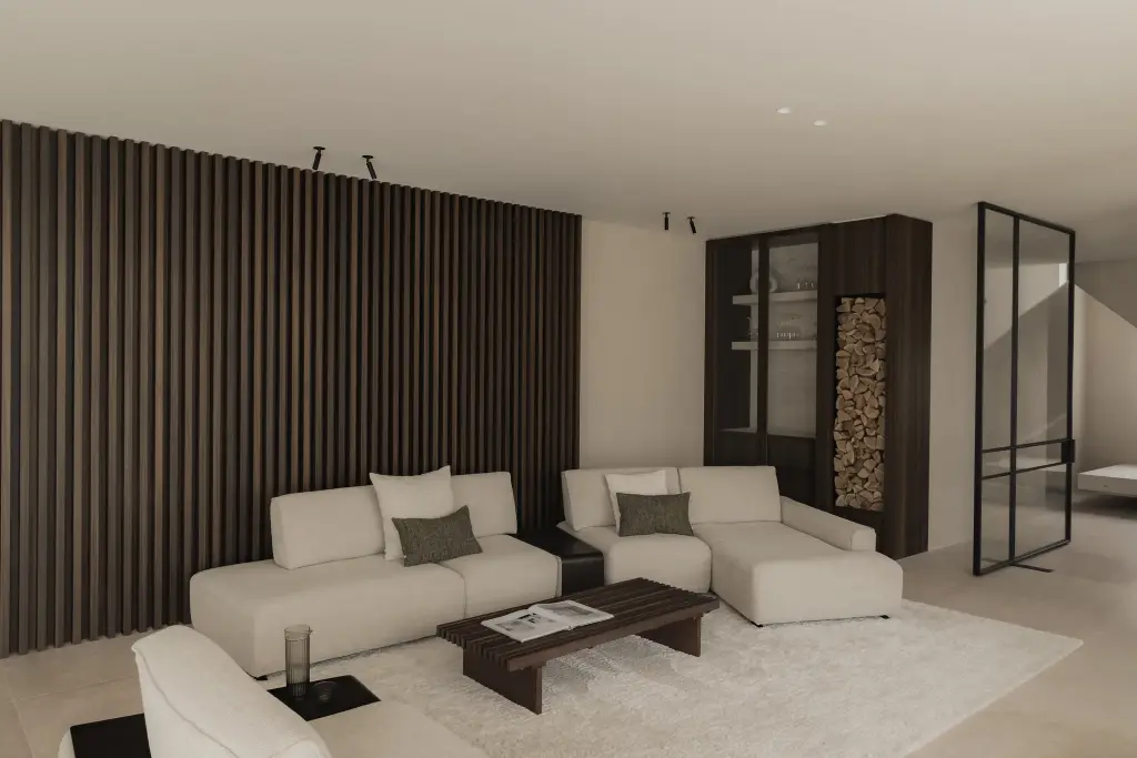 Woonkamer met hoekzetel, salontafel en lamellenwand in donker hout, Nieuwbouwwoning in Roeselare, interieur Laura Calleeuw