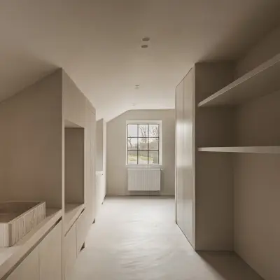 Badkamer met stenen wastafel, kastenwand en venster, Schuur in Westkapelle, interieur Laura Calleeuw