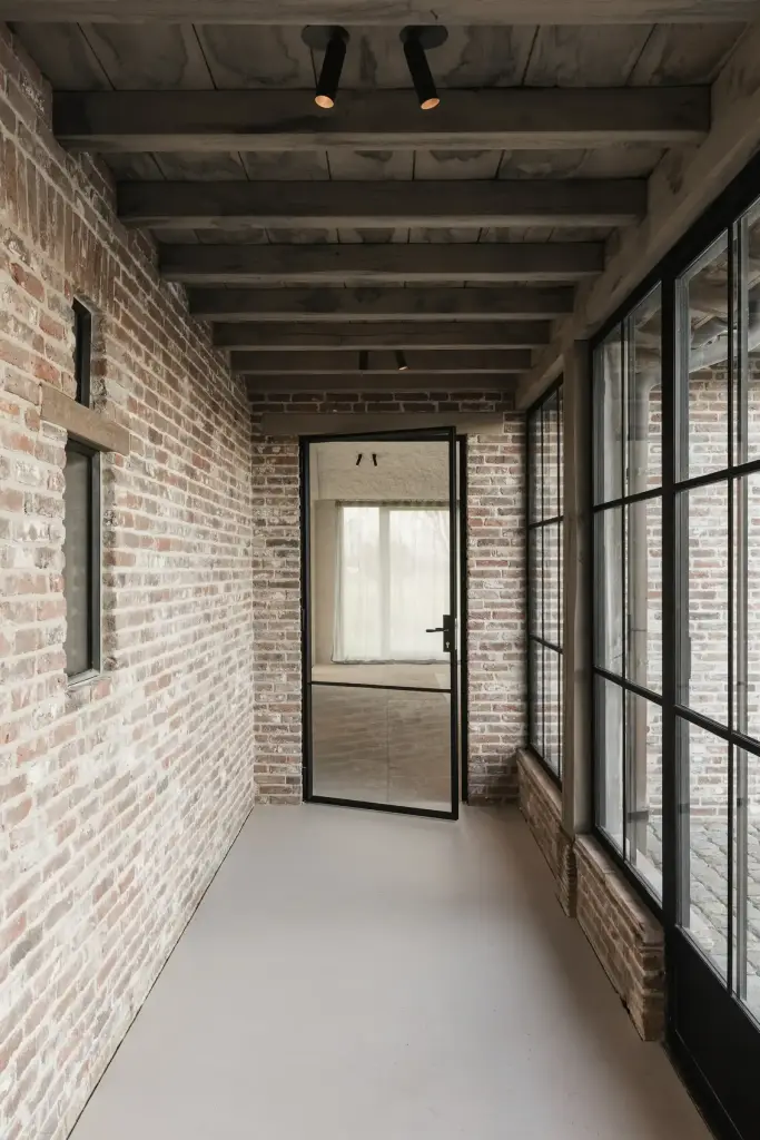 Gang met baksteenwand en stalen glaswand naar het zwembad, Schuur in Westkapelle, interieur Laura Calleeuw