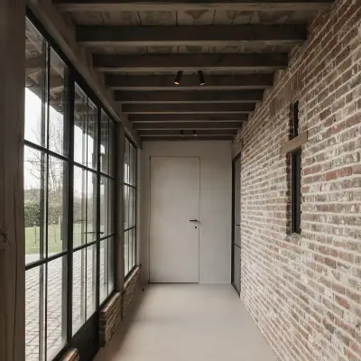 Gang met zwarte stalen ramen, oude baksteenwand en houten balkenplafond, Schuur in Westkapelle, interieur Laura Calleeuw