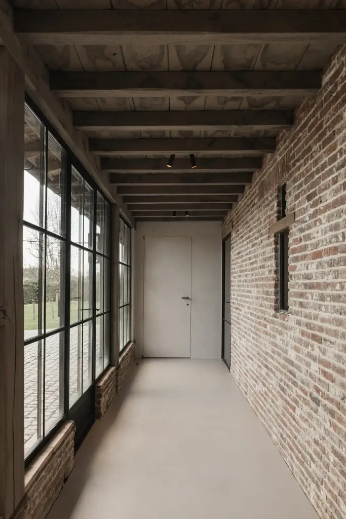 Gang met zwarte stalen ramen, oude baksteenwand en houten balkenplafond, Schuur in Westkapelle, interieur Laura Calleeuw
