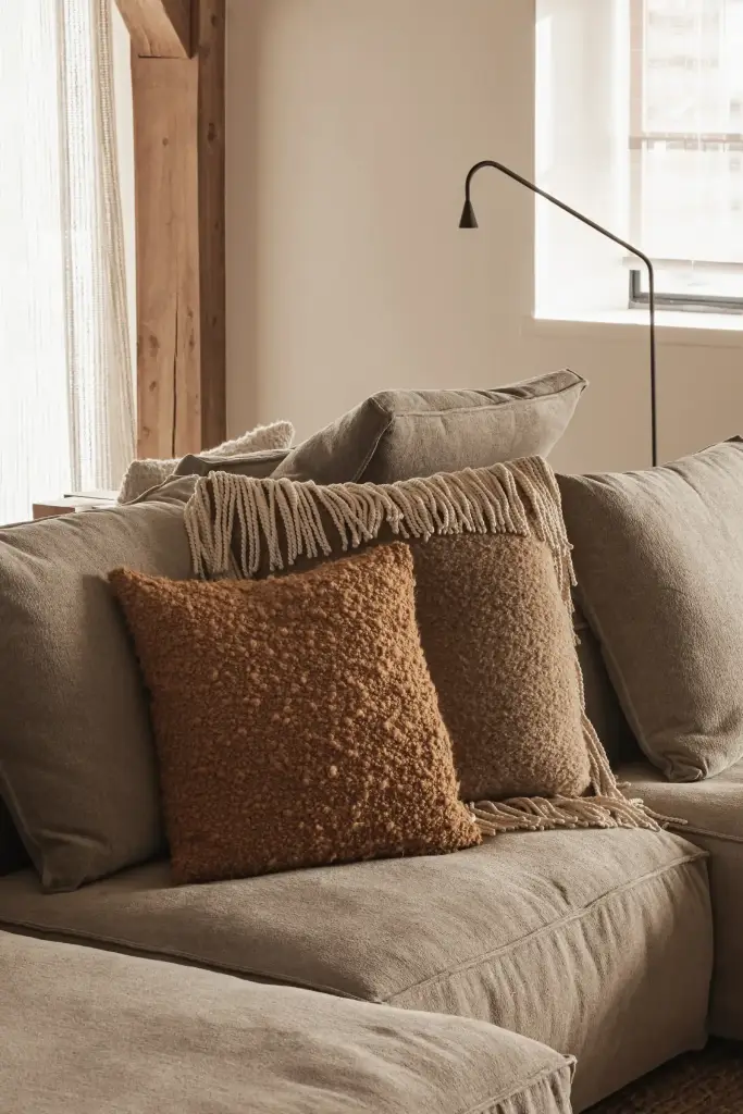 Hoekzetel met sierkussens en zwarte leeslamp, Schuur in Westkapelle, interieur Laura Calleeuw