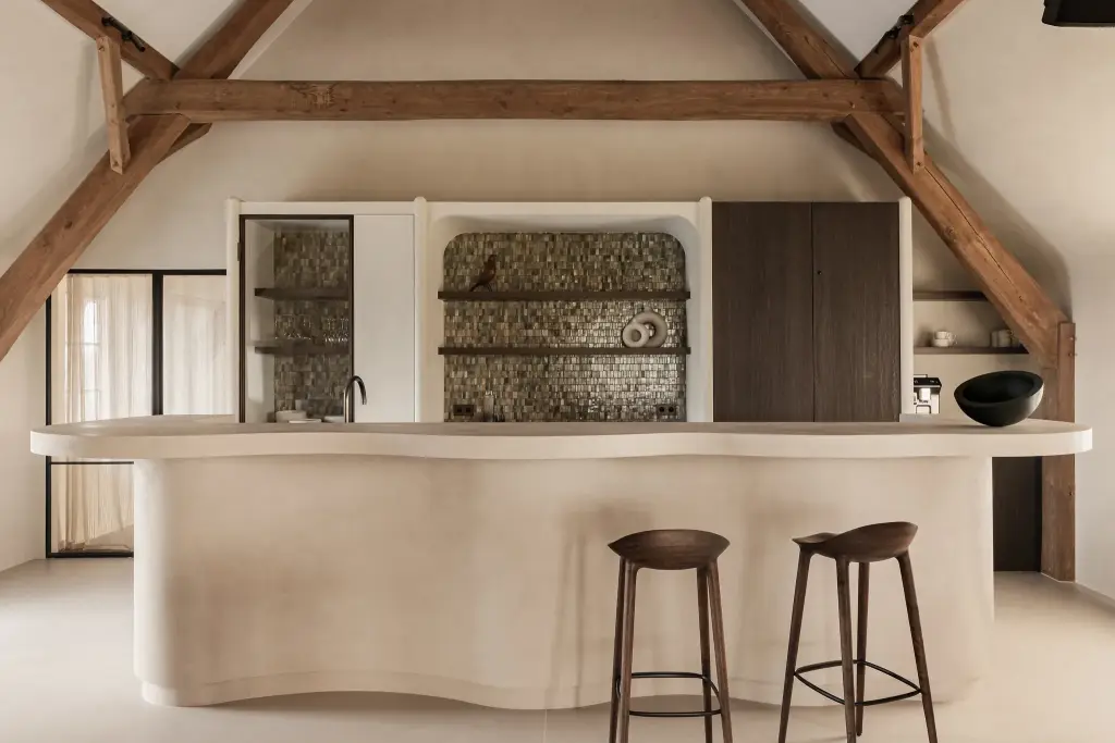Keukeneiland met barkrukken voor een nis met verlichte planken en tegelrugwand, Schuur in Westkapelle, interieur Laura Calleeuw