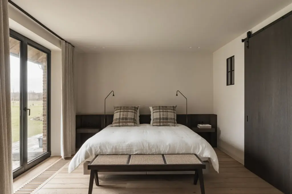 Slaapkamer met bed, zwarte schuifdeur en terrasdeur met uitzicht op de weide, Schuur in Westkapelle, interieur Laura Calleeuw