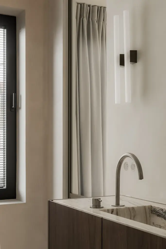 Wastafel bij het raam met gordijn en wandlamp, Het Zoute Schorre, interieur Laura Calleeuw
