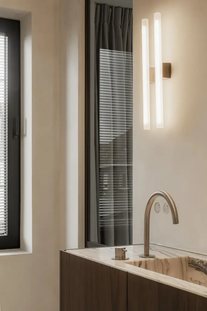 Wastafel op een houten onderkast bij het raam, met wandlamp en gordijn, Het Zoute Schorre, interieur Laura Calleeuw