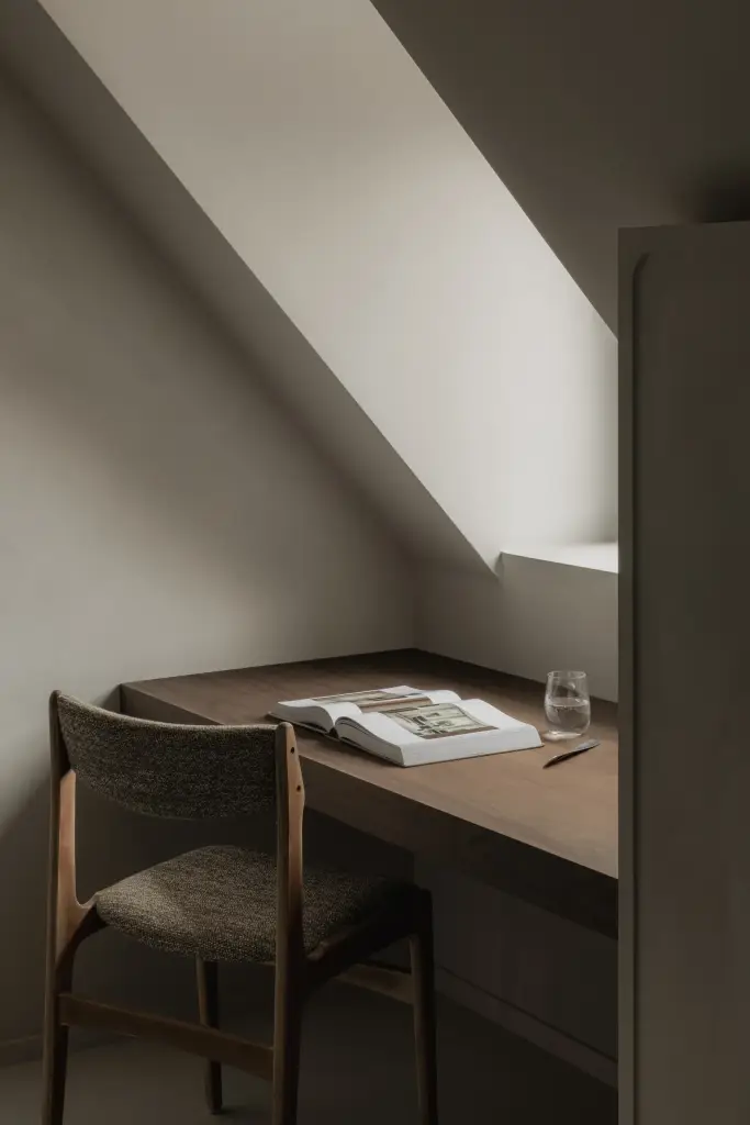 Houten bureau onder een dakhelling met stoel en een open boek, Het Zoute Schorre, interieur Laura Calleeuw