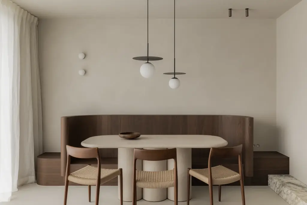 Ovale eettafel met gevlochten stoelen voor een gebogen houten zitbank, met hanglampen en wandlampen, Het Zoute Schorre, interieur Laura Calleeuw