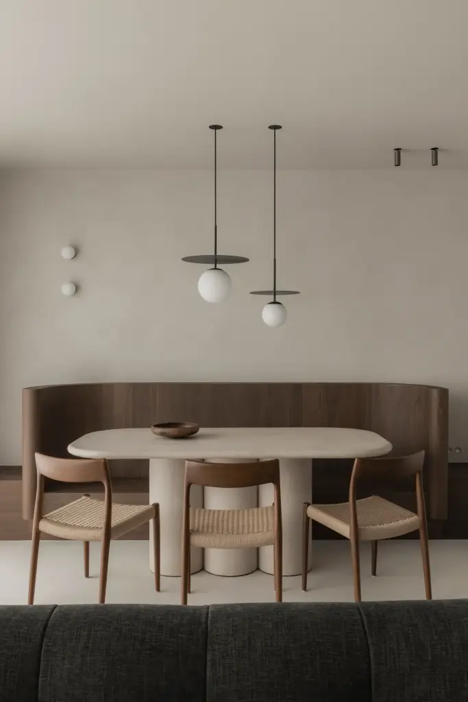 Eethoek met ovale tafel, stoelen en twee hanglampen, Het Zoute Schorre, interieur Laura Calleeuw