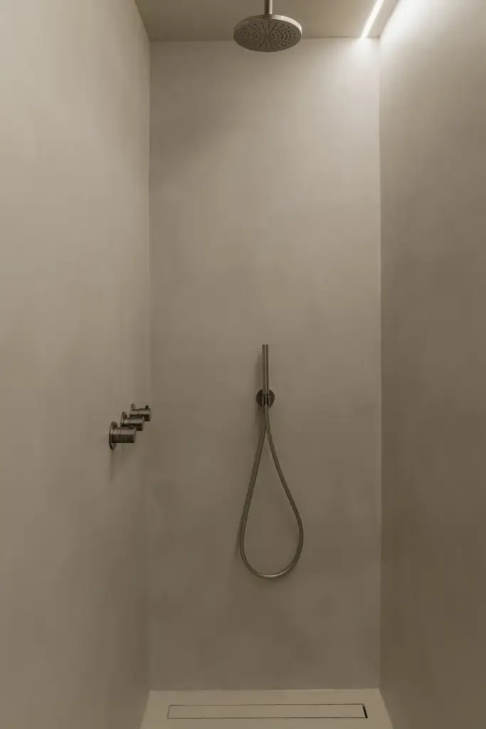 Inloopdouche met regendouche en handdouche tussen gepleisterde wanden, Het Zoute Schorre, interieur Laura Calleeuw