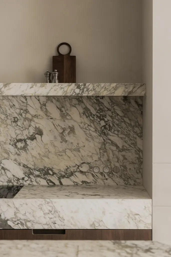 Natuurstenen achterwand met schap en een decoratieve snijplank in de keuken, Het Zoute Schorre, interieur Laura Calleeuw
