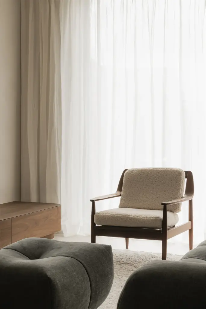 Fauteuil naast een ronde sofa voor een raam met vitrage, Het Zoute Schorre, interieur Laura Calleeuw