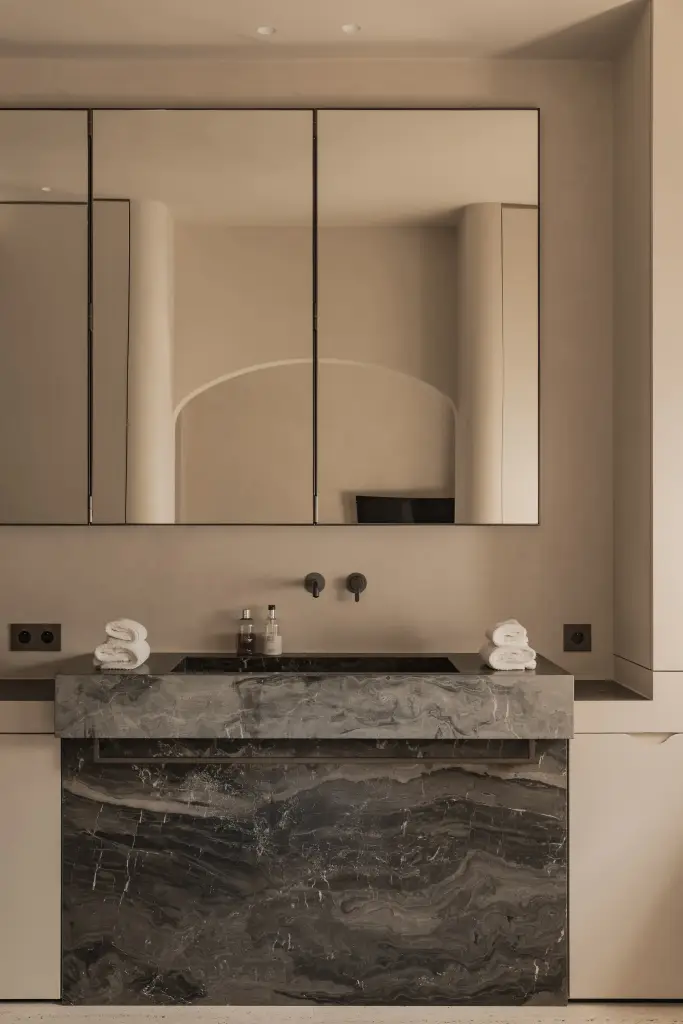 Badkamer met wastafel in marmer en spiegelkast in een boogvormige nis, Herenhuis in Brugge, interieur Laura Calleeuw