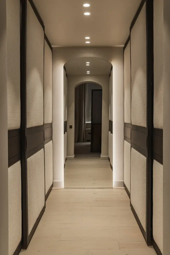 Gang met gestoffeerde kastenwand en boogvormige doorgang, Herenhuis in Brugge, interieur Laura Calleeuw