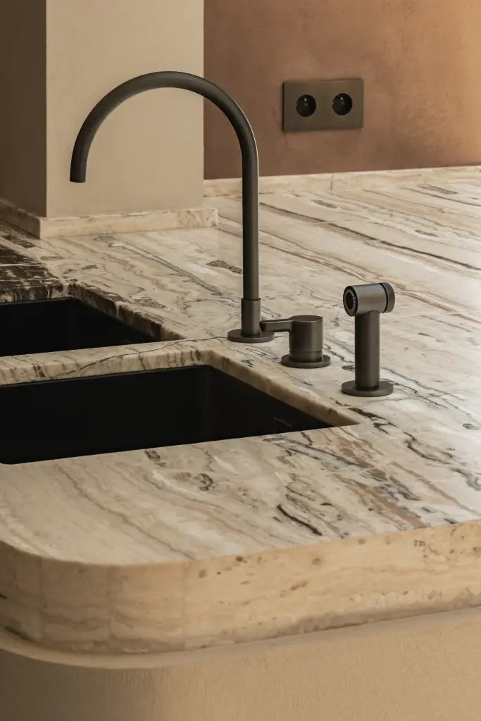 Onyx werkblad met spoelbak en zwarte kraan, Herenhuis in Brugge, interieur Laura Calleeuw