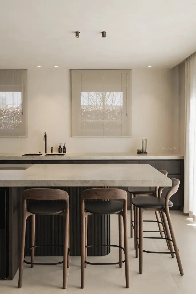 Keukeneiland met natuursteen blad en lamellenfront met houten barkrukken, Villa in Loppem, interieur Laura Calleeuw