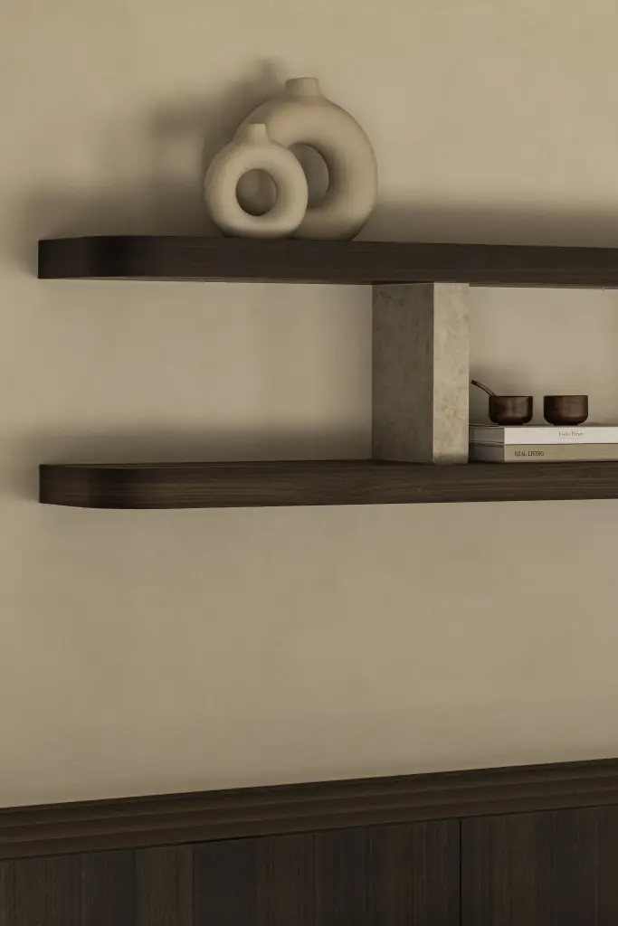 Zwevende wandplanken in donker hout op natuurstenen consoles boven een dressoir, Villa in Loppem, interieur Laura Calleeuw