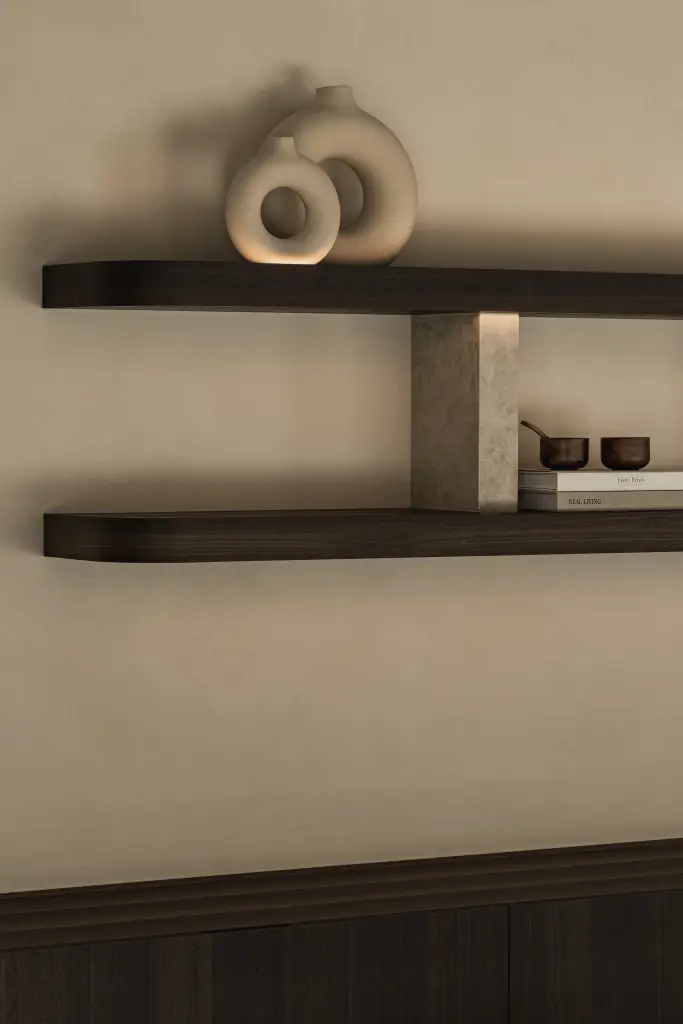 Zwevende wandplanken in donker hout op natuurstenen consoles boven een dressoir, Villa in Loppem, interieur Laura Calleeuw