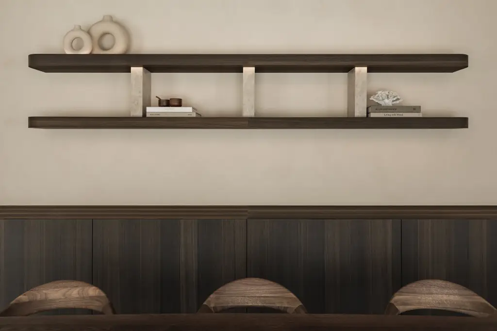 Zwevende wandplanken in donker hout op natuurstenen consoles boven een dressoir, Villa in Loppem, interieur Laura Calleeuw