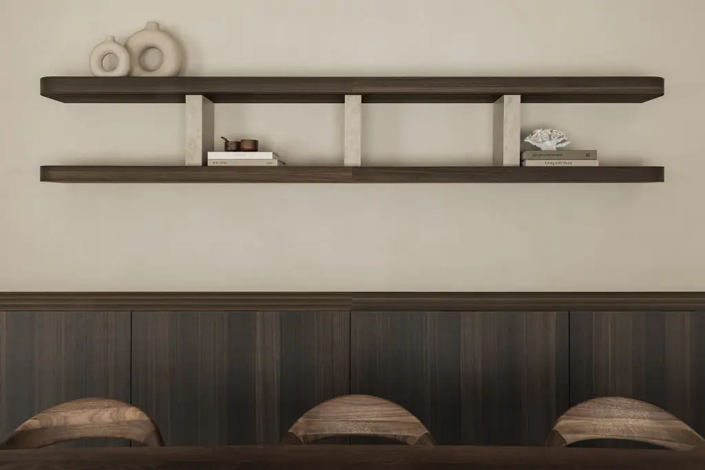 Zwevende wandplanken in donker hout op natuurstenen consoles boven een dressoir, Villa in Loppem, interieur Laura Calleeuw