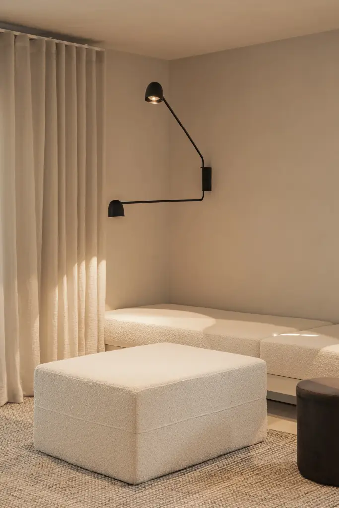 Zithoek met crème bank, poef, zwarte wandlamp en klein raam, Totaalrenovatie in Loppem, interieur Laura Calleeuw