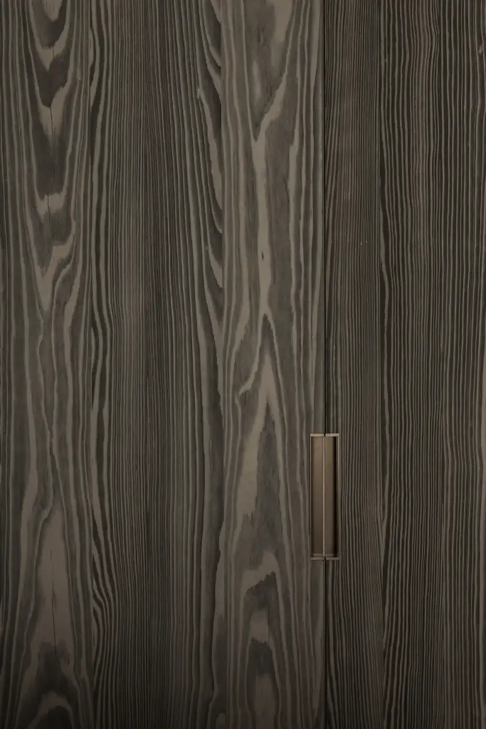 Detail van een kastdeur in donker geborsteld eiken met verdoken greep, Appartement in Knokke, interieur Laura Calleeuw